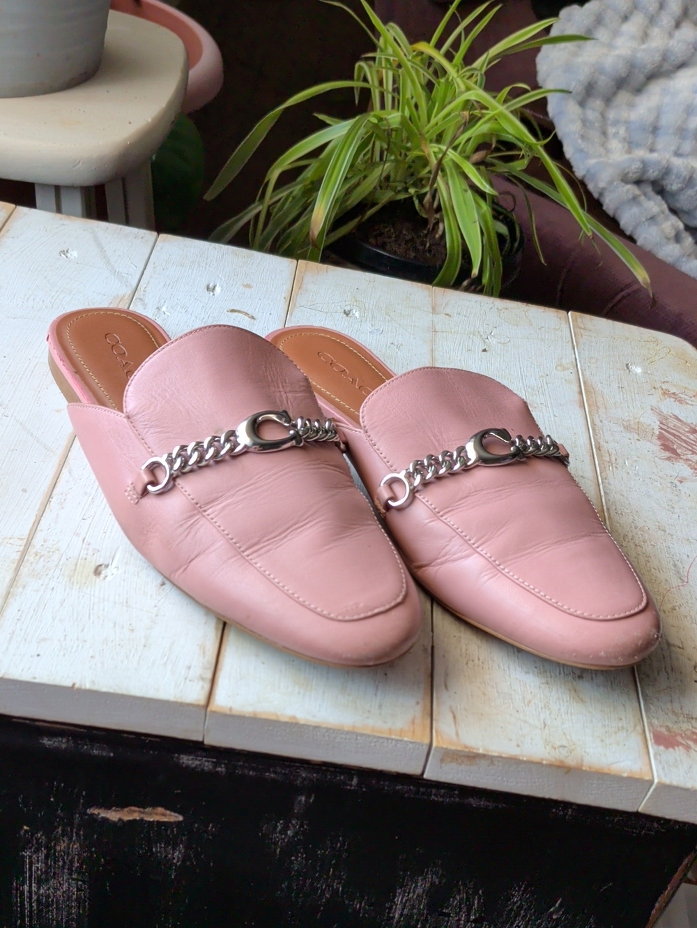 Coach Pink Leather Chain-Trim Backless Mules